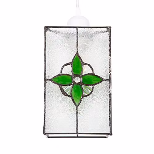 Happy Homewares Rectangular Tiffany Style Glass Pendant Light Shade in Transparent and Green, Height: 21 cm