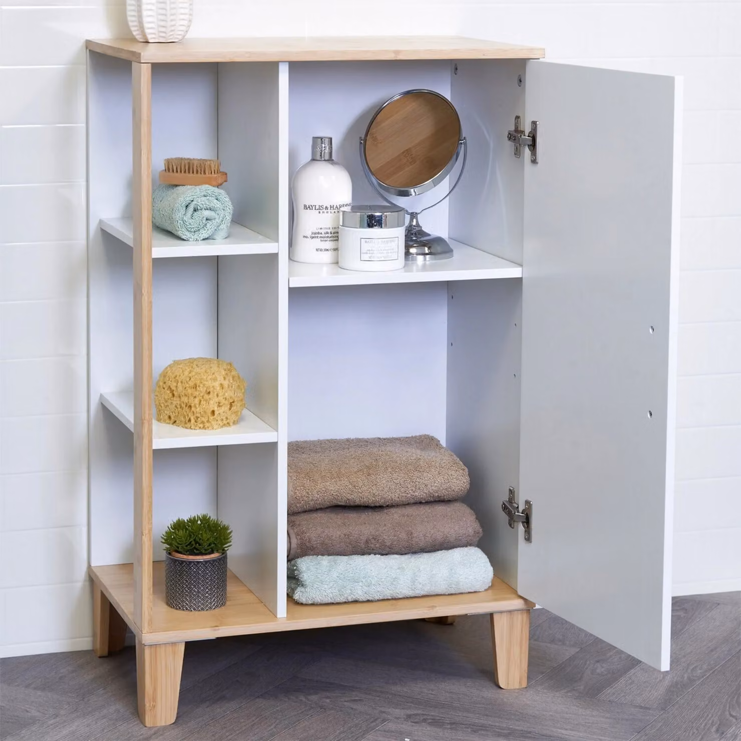 Showerdrape Varallo Matt White and Bamboo Freestanding Bathroom Floor Cabinet with Internal Shelves and Hinged Doors – 2