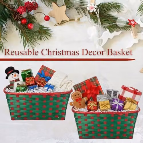 Almineez Set of 2 Bamboo Christmas Hamper Baskets in Red and Green, Rectangular Open Weave Storage Baskets – 7