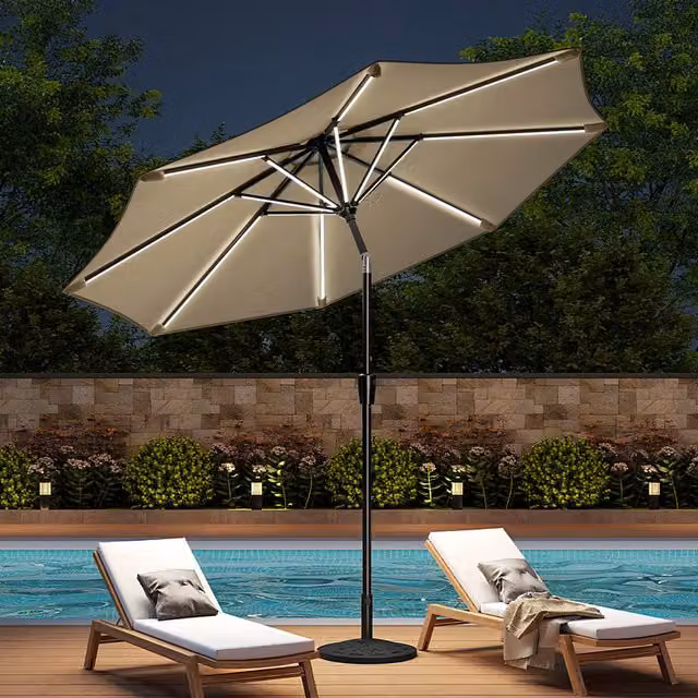 Livingandhome Modern LED Strips Garden Parasol with Floral Base in Beige and White