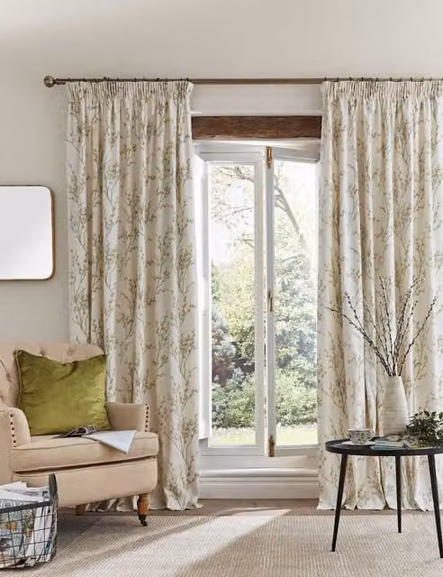 Laura Ashley Pussy Willow Floral Pencil Pleat Cotton Curtains, Green Mix, H: 168 cm, W: 137 cm