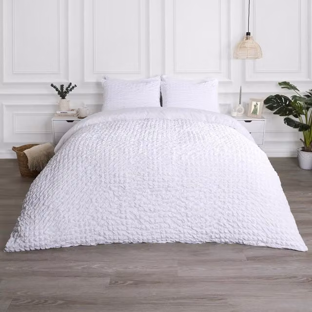 OHS Geo Seersucker Duvet Cover Set, White, 140 x 200 cm