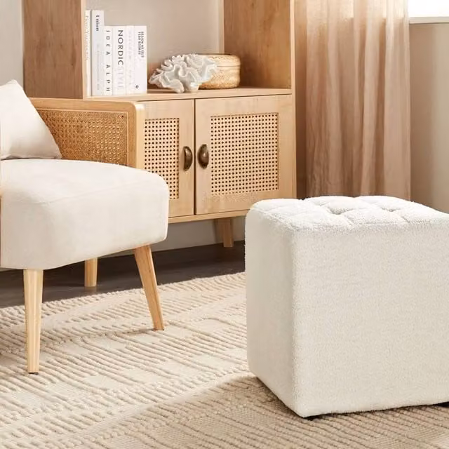 Wyld and Coco White Bouclé Geometric Cube Footstool W/D/H: 38 x 38 x 38 cm – 1
