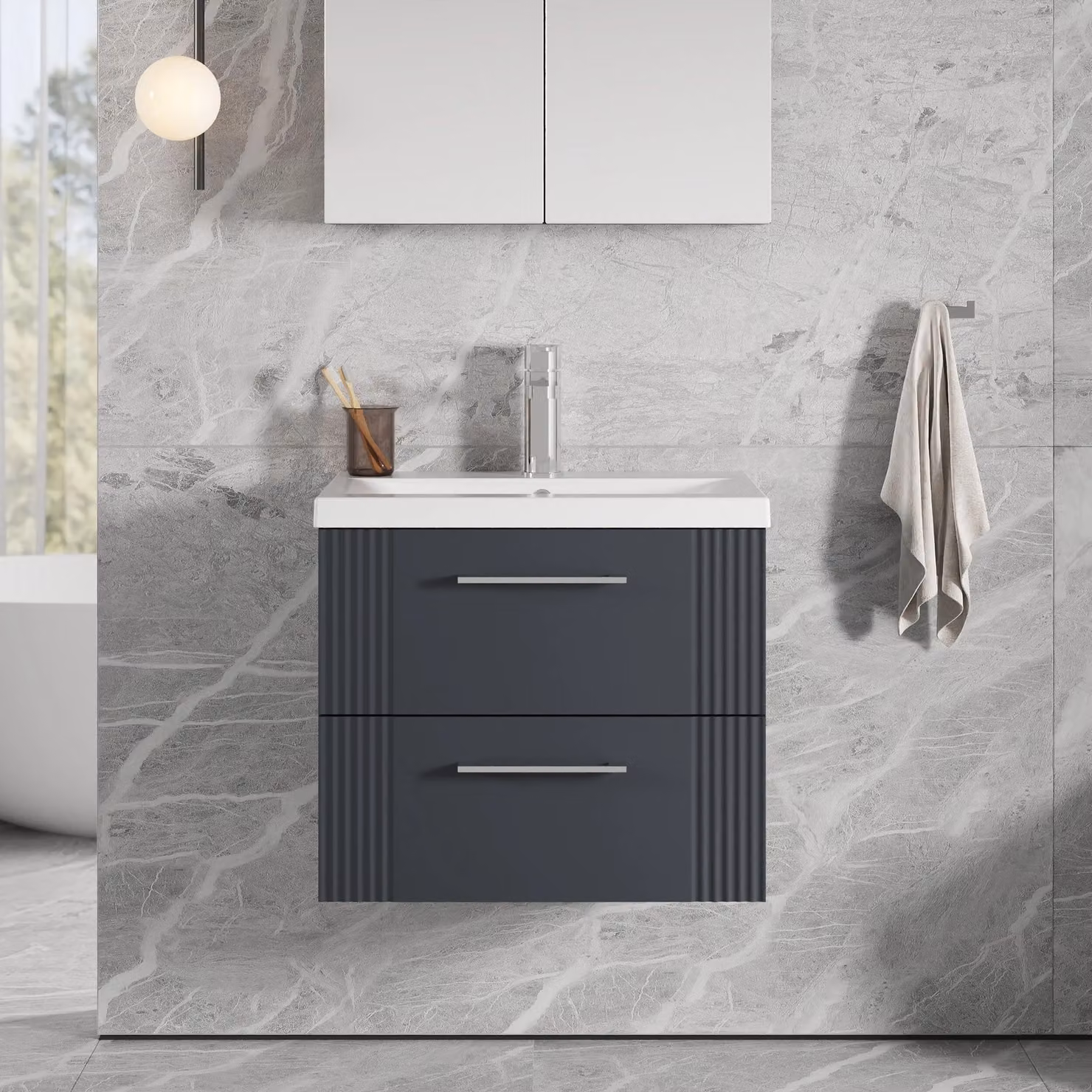 Balterley Wall Hung 2 Drawer Vanity Unit with Mid-Edge Basin, Satin Dark Grey, W: 60 cm, D: 54 cm, H: 60 cm – 2