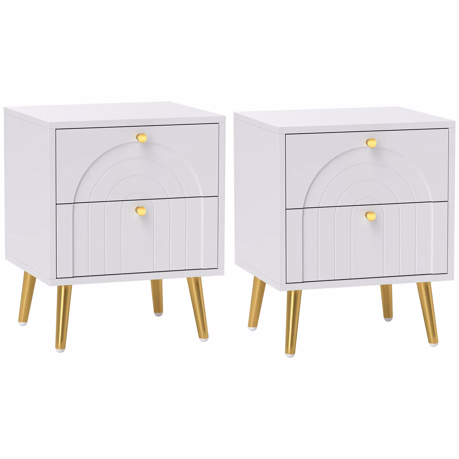 HOMCOM 2-Piece Modern Bedside Tables Set with 2 Drawers in White and Gold – 2