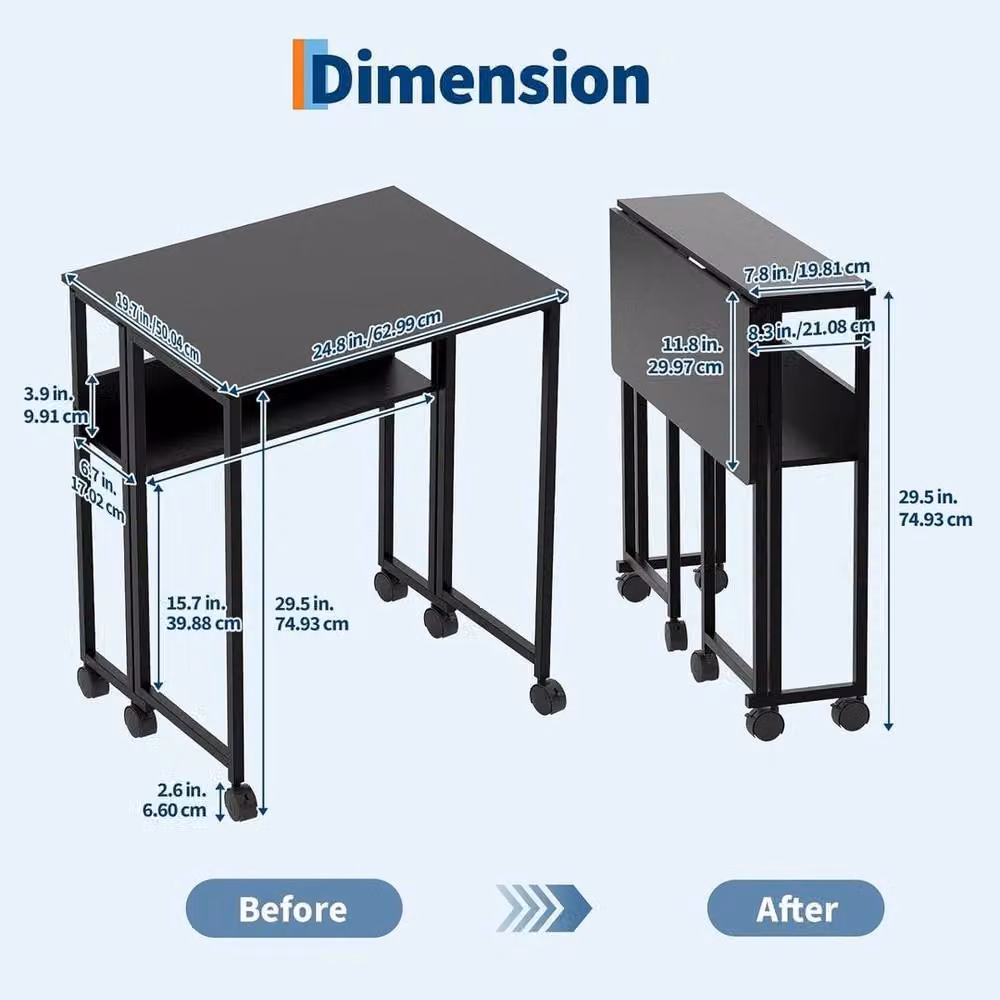 KORVIXA Black Folding Writing Desk with Storage Shelf and Castors, W/D/H: 100 x 100 x 74.93 cm – 2