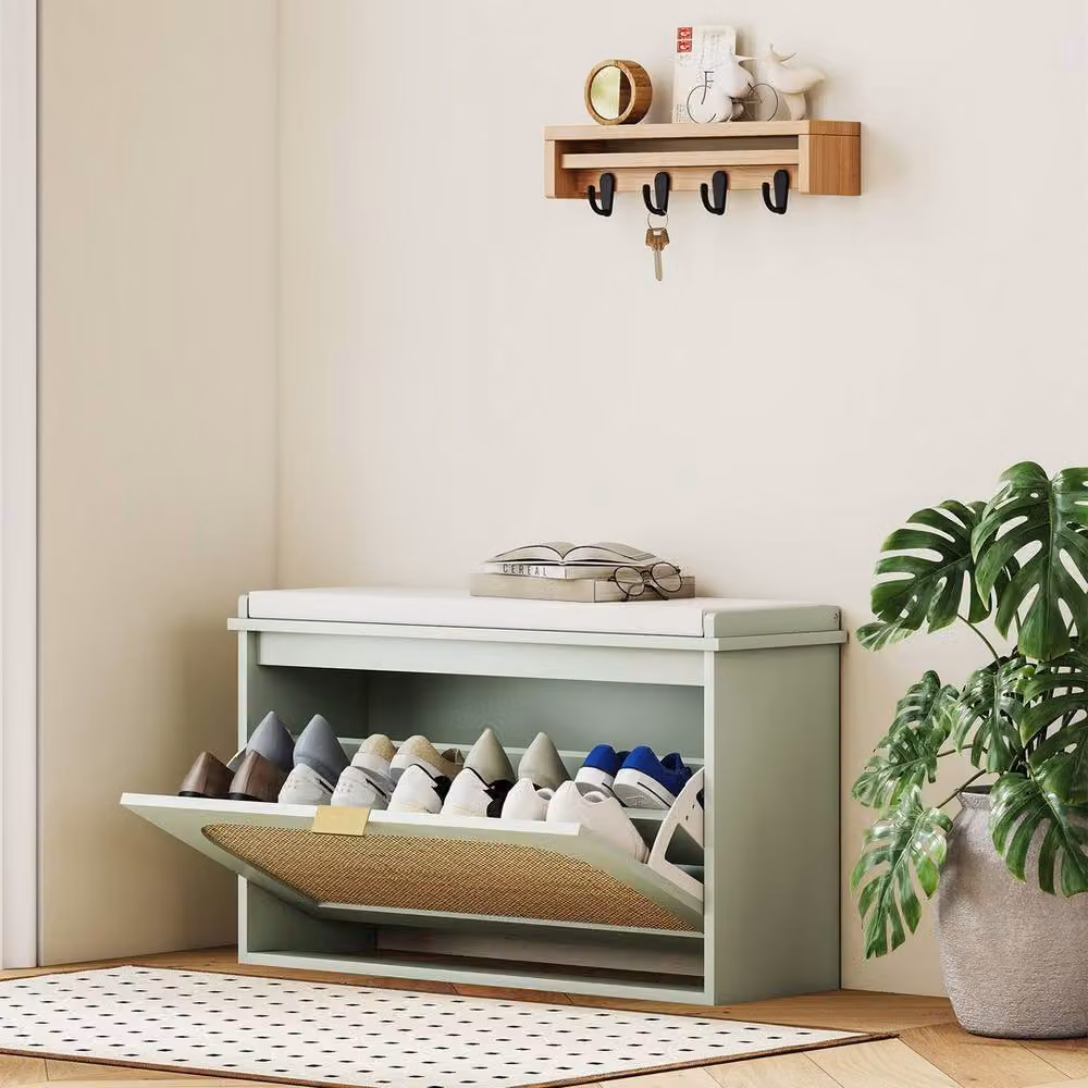 KORVIXA Green Boho Shoe Bench with Fabric Seat Cushion and Rattan Door, W/D/H: 100 x 100 cm – 2