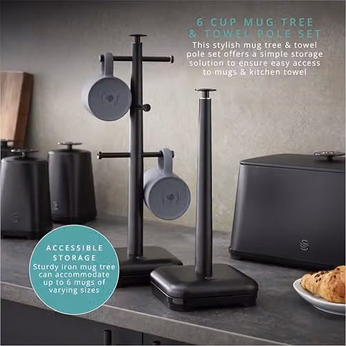 Swan Stealth Metal Kitchen Towel Pole and 6 Cup Mug Tree Set with Weighted Base, Black – 6