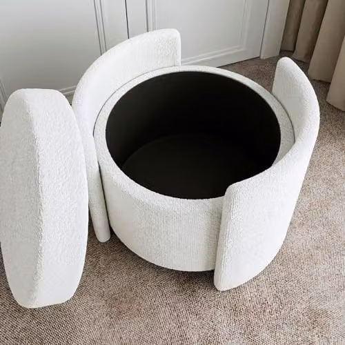 FABS Maeva White Bouclé Fabric Round Storage Stool, W/D/H: 40 x 54 x 46 cm – 3