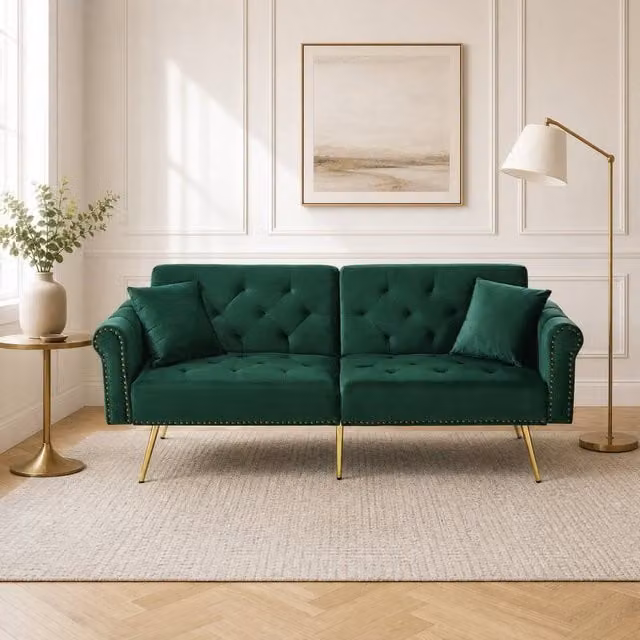 STILVORA 2-Seater Green Velvet Click Clack Sofa Bed with Solid Wood Frame and Scatter Cushions – 1