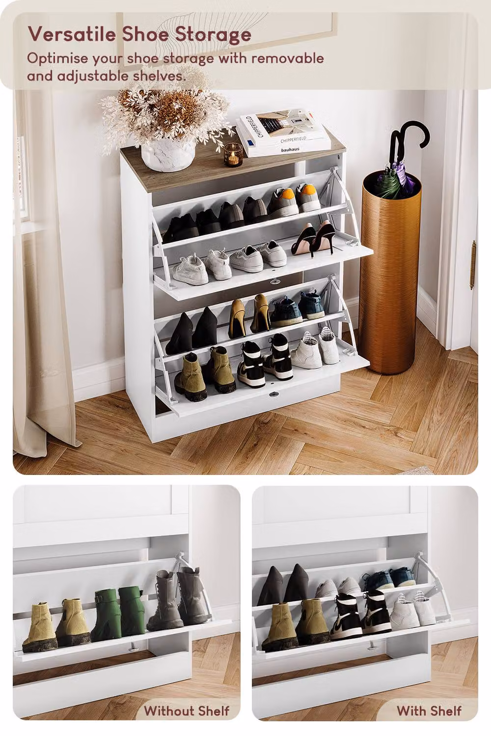 HD Designs Modern White 2 Drawer Flip Down Shoe Cabinet with Tilting Compartments – 2