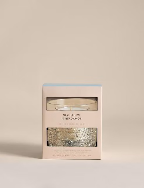 M&S Neroli Lime & Bergamot Refillable Light Up Pillar Candle Bundle in Silver