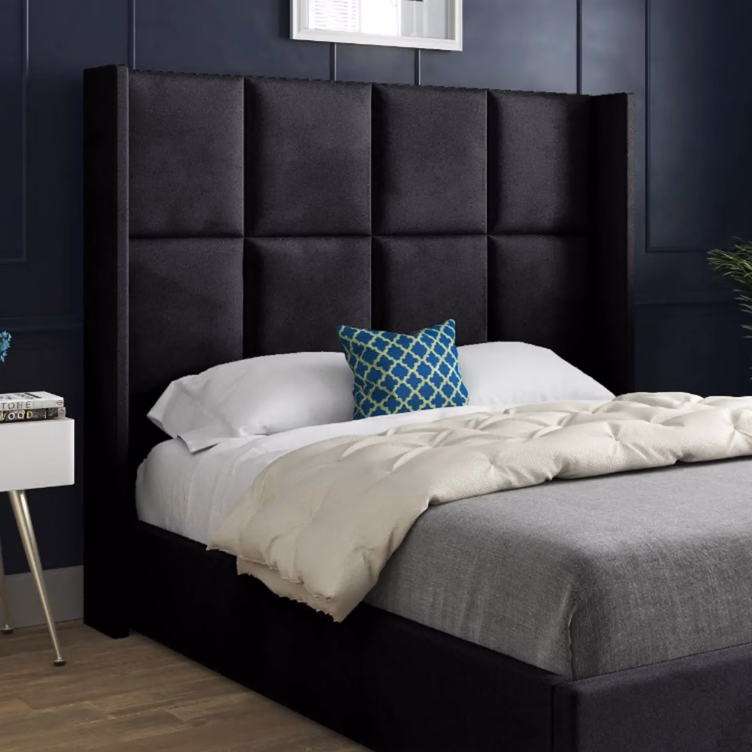KDMD Quanta Small Single Straight Winged Upholstered Velvet Bed Frame in Black – 2