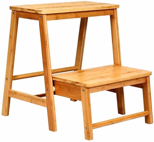 Costway 3-in-1 2-Step Folding Bamboo Step Ladder and Portable Display Rack in Natural Brown