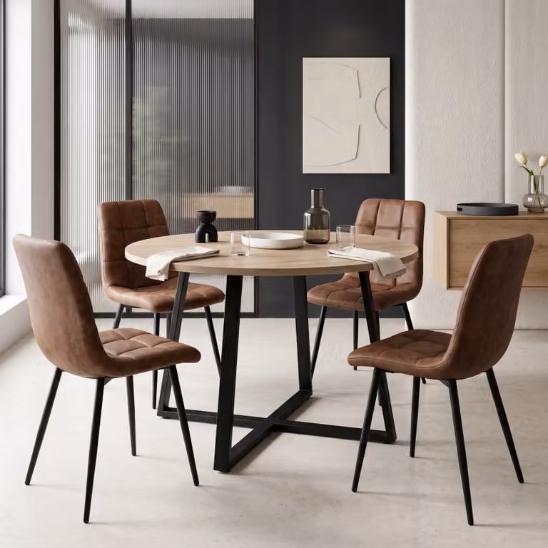 Kyvon Round Dining Table Set with 4 Chairs in Sonoma Oak Effect and Brown Suede Leather, Diameter: 110 cm, Height: 75 cm