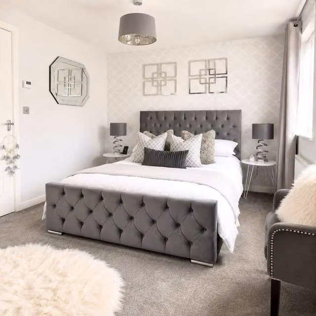 Stratus Interiors Florida Diamond Pattern Grey Velvet Upholstered Super King Bed with Gas Lift Ottoman Storage W/D/H: 200 x 200 cm – 1