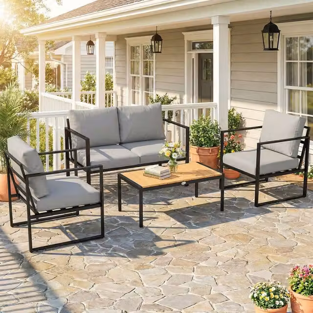 Outsunny 4 Piece Grey Outdoor Garden Furniture Set with Upholstered Cushions and Slatted Coffee Table