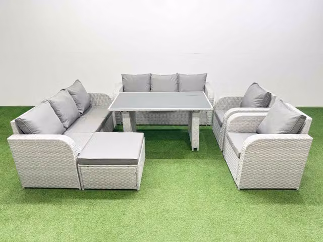 Fimous 9 Seater Wicker PE Rattan Outdoor Reclining Furniture Set in Light Grey