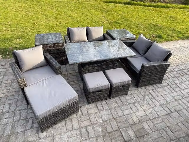 Fimous 8 Seater Grey Rattan Outdoor Patio Furniture Set with Height Adjustable Rising Table, 2 Side Tables and 3 Footstools