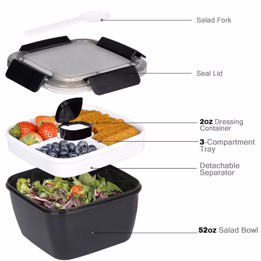 Greentainer Salad Container and Lunch Box with 3 Compartments and Spoon, Black, 52 oz – 2