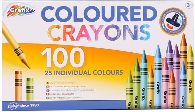 Grafix Pack of 100 Multicolour Wax Colouring Crayons with Sharpener