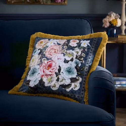House of Llewelyn-Bowen Bouquet List Blue Velvet Square Cushion, W/D/H: 43 x 43 x 43 cm – 1