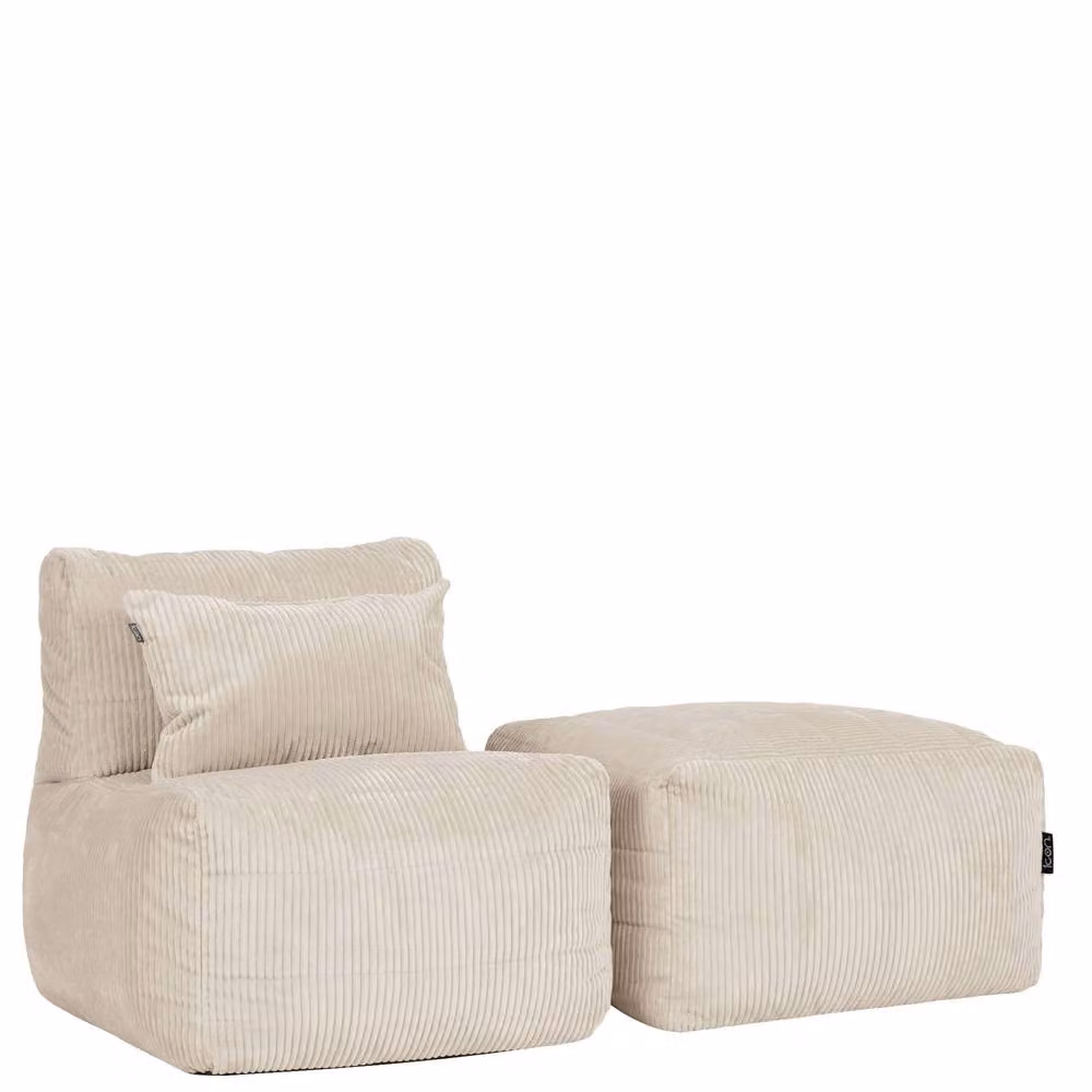 icon Noa Bean Bag and Footstool Set in Beige Cord Fabric with Filling Included – 2