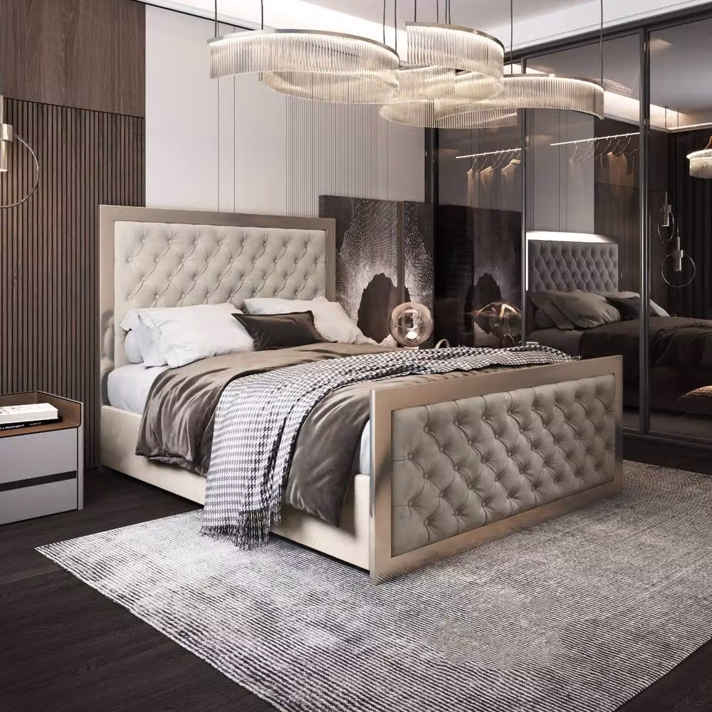 Casani Latimer King Size Upholstered Velvet Bed Frame in Beige and Black with Metal Details, 180 x 200 cm – 2