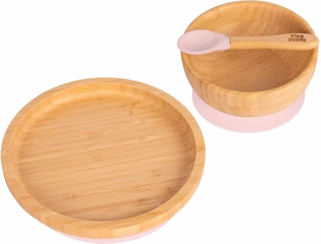 Tiny Dining 3-Piece Round Bamboo and Silicone Baby Weaning Set in Light Pink
