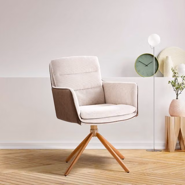 Livingandhome Mid-Century Accent Chair with Armrests in Beige and Brown with Mixed Wood and Metal Frame