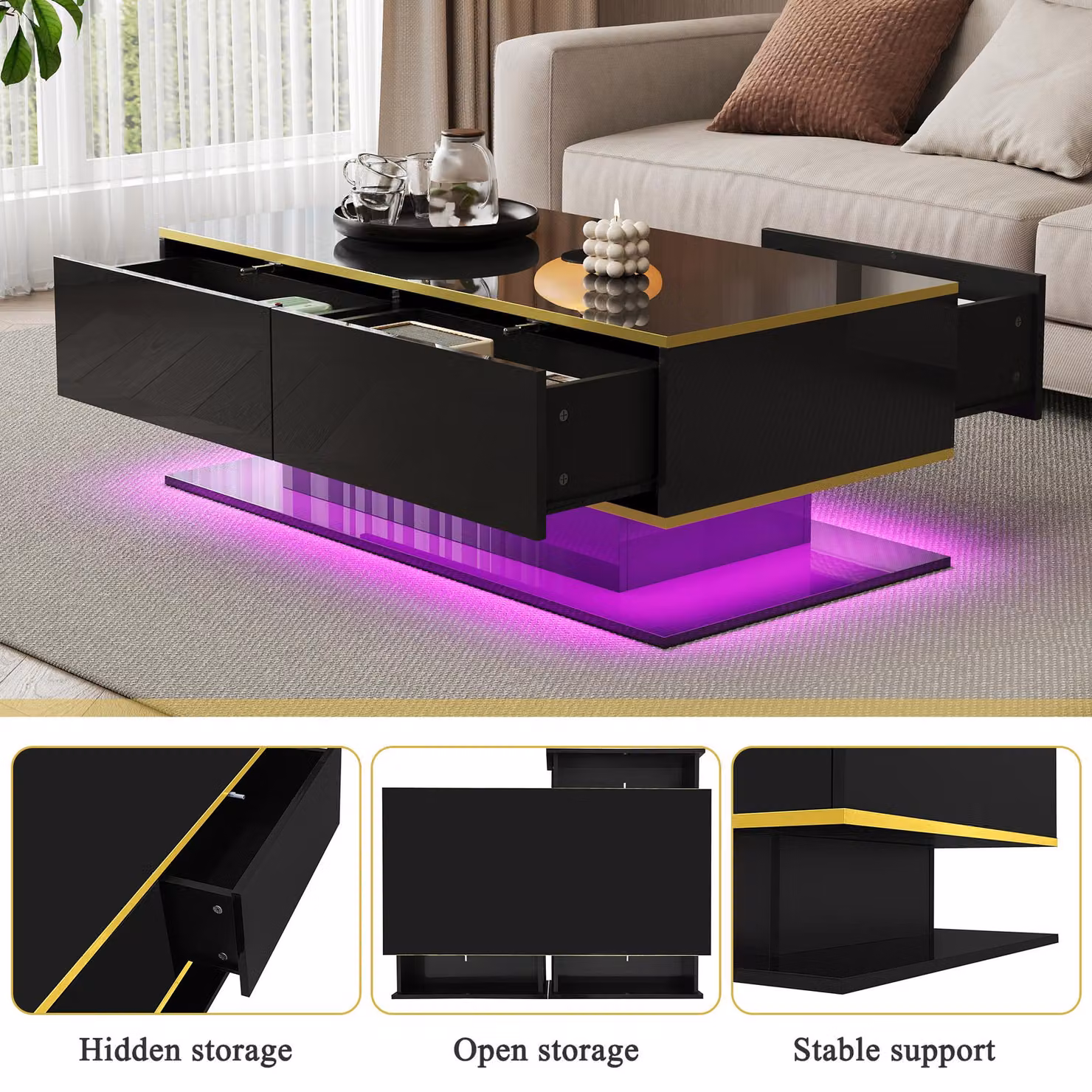 Aosom Modern LED Coffee Table with USB-Powered Colour-Changing Light Strip and 3 Drawers, Black, W: 100 cm, D: 50 cm, H: 40 cm – 5