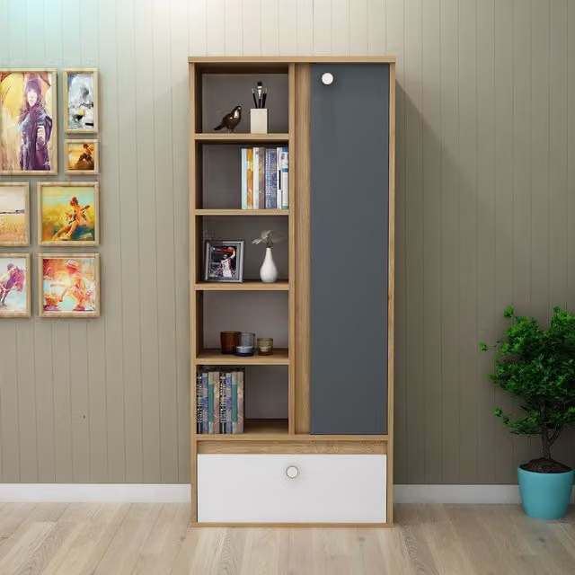 Destina Home Volta Modern Bookcase with Cabinet and Shelves in Grey, White and Oak