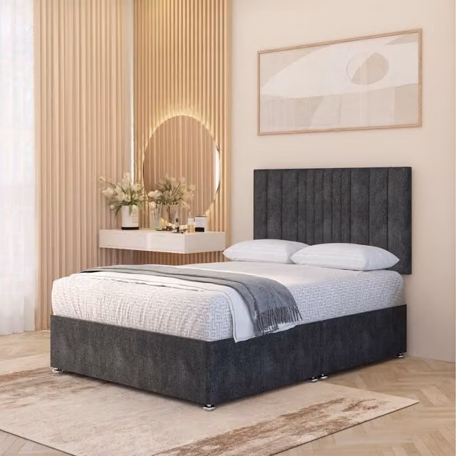Somnior Beds Ltd Arizona Tweed Fabric Orthopaedic Divan Bed Set with Hybrid Mattress, 32 inch Headboard and Drawers, Charcoal Grey, W/D/H: 200 x 200 cm