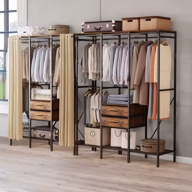 Pirlo Plush Industrial Rustic Open Wardrobe with Garment Rail, Storage Shelves and Drawers in Brown and Black – 1