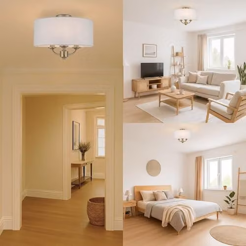 Cosylyte Winston 3-Light Semi Flush Ceiling Light with Bronze Base and Beige Fabric Drum Shade, E14 LED Compatible – 6