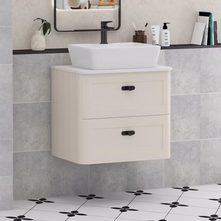 Royal Bathrooms Henley 600mm Mushroom Cashmere Wall Hung 2 Drawer Vanity Unit with Plain White Worktop, Cube Basin and Matt Black Knob