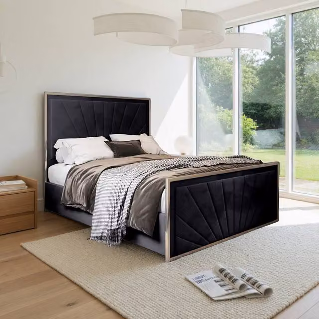 KDMD Thornbury Super King Upholstered Velvet Designer Bed Frame with Black Metal Details, 200 x 200 cm