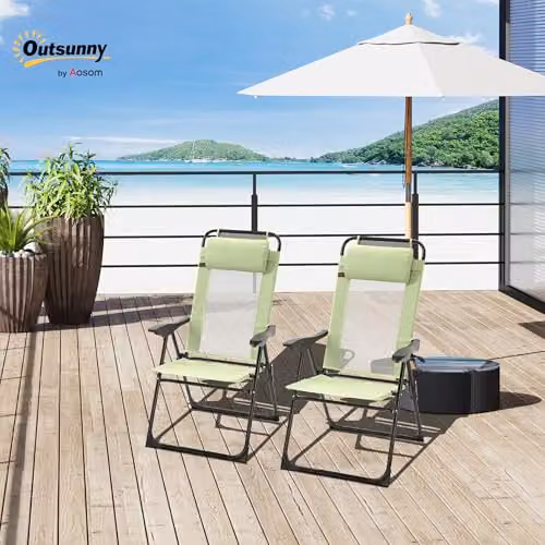 Outsunny Set of 2 Green Folding Garden Recliner Chairs with Adjustable Headrests and Armrests – 2