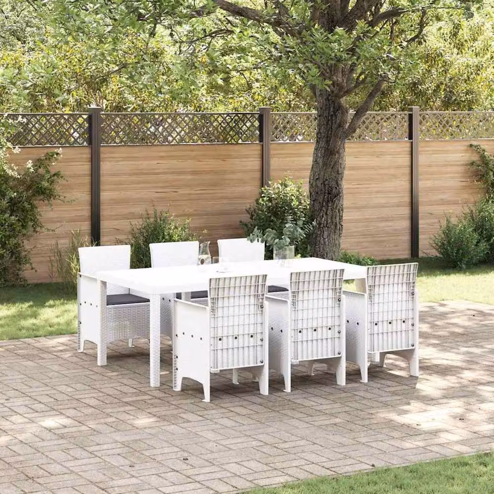 Berkfield Home 7 Piece White Poly Rattan Garden Dining Set with Cushions – 2