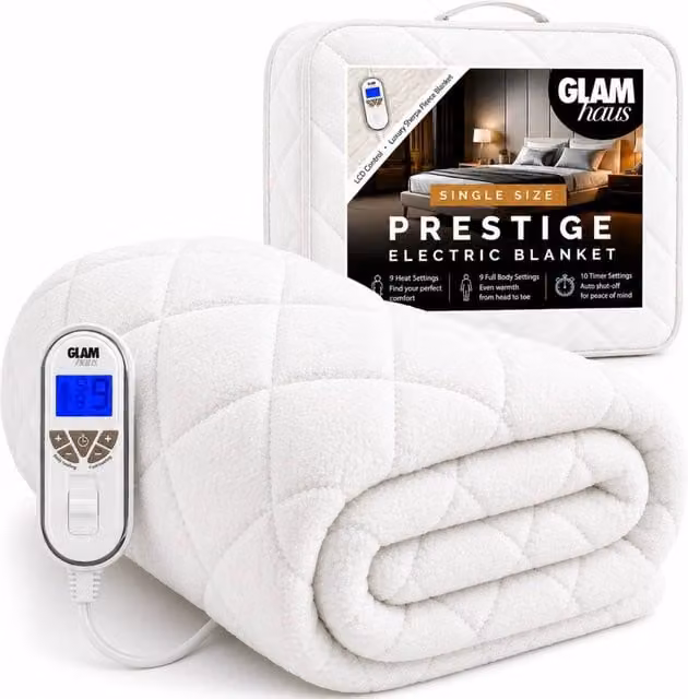 Glamhaus Single Fleece Electric Blanket in White with 9 Heat and 10 Timer Settings – 1