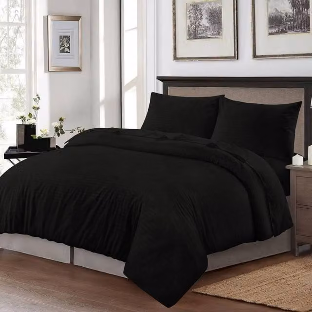 Homes-Linen Luxury Brushed Microfibre Striped Duvet Cover and Pillowcase Set in Black, W: 140 cm, H: 200 cm