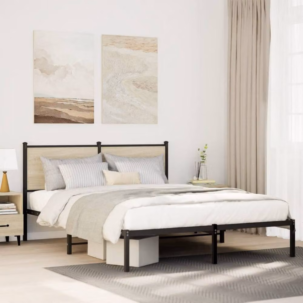Berkfield Home Metal and Wood Bed Frame in Sonoma Oak Brown, W/D/H: 140 x 200 x 91.5 cm – 2
