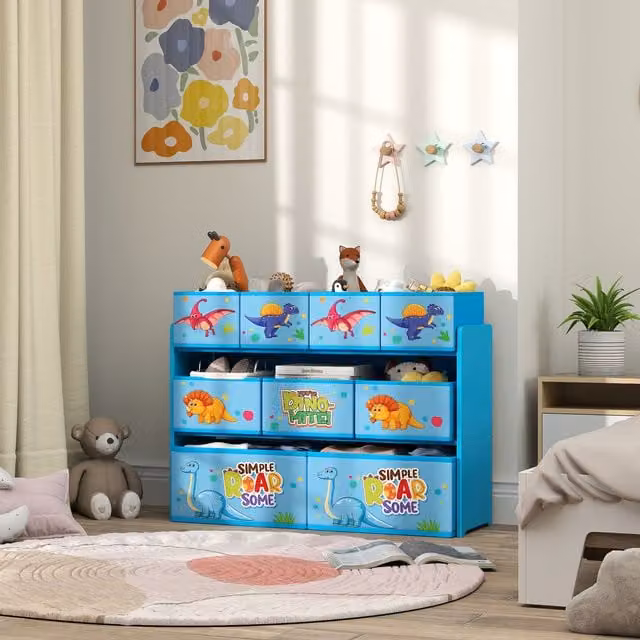 AIYAPLAY 3-Tier Toy Organiser Shelf with 9 Storage Boxes for Childrens Bedrooms, Blue