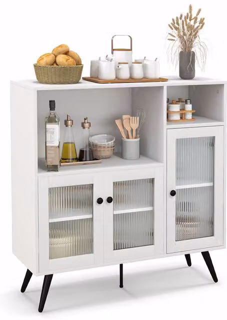 Costway White Industrial Kitchen Storage Cabinet with Glass Doors and Internal Shelves