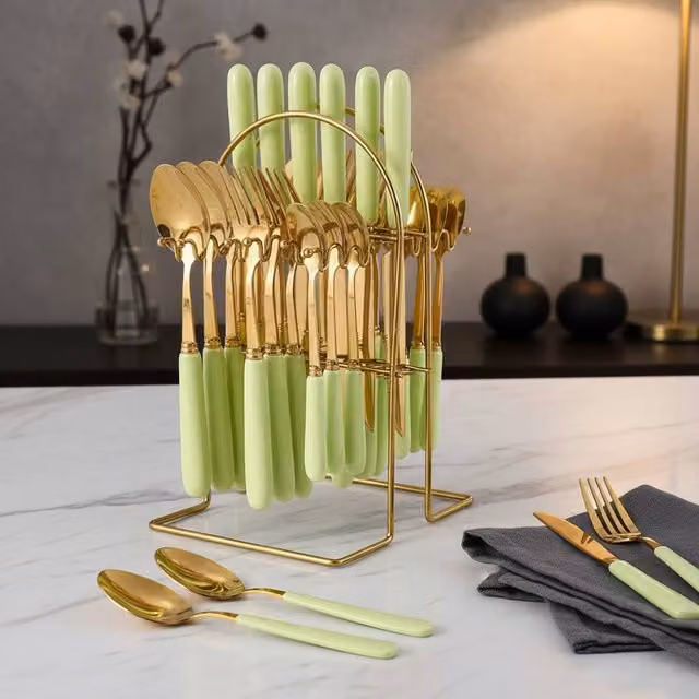 Living and Home 24-Piece Polished Stainless Steel Cutlery Set with Ceramic Storage Case in Green and Gold – 1