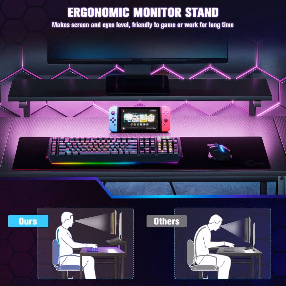 Rolipo Reversible L-Shaped Gaming Desk with LED Lights in Black – 5