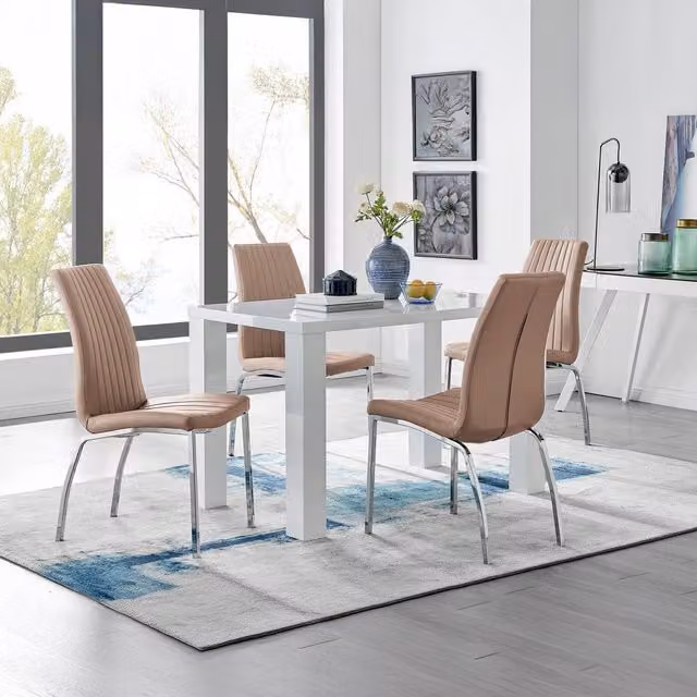 FurnitureboxUK Pivero White High Gloss Rectangular Dining Table and 4 Isco Faux Leather Chairs Set in Cappuccino