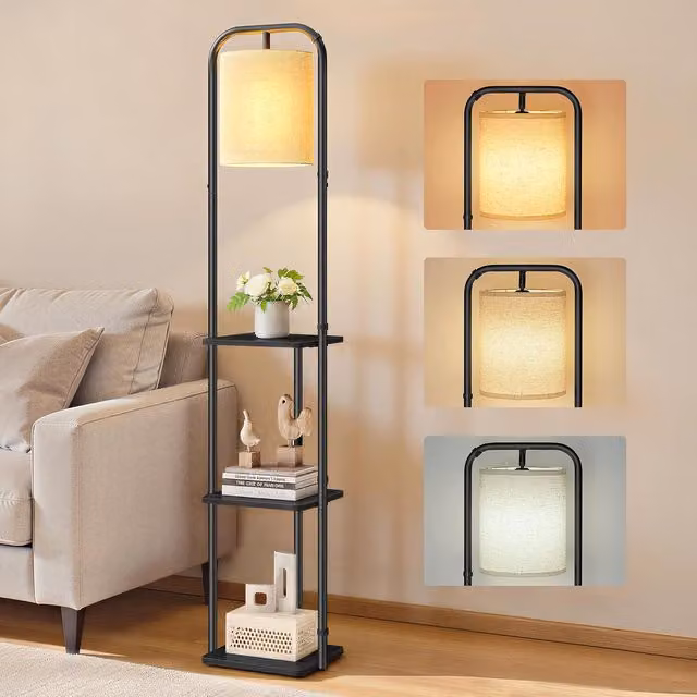 VASAGLE 3-Tier LED Floor Lamp with Fabric Shade and Foot Switch in Black