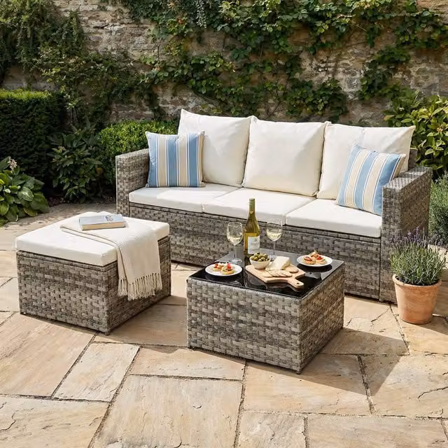 Outdoor Essentials Laurel Grey Polyrattan L-Shape Corner Sofa Set with Fabric Cushions