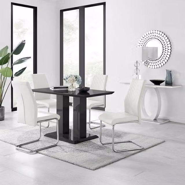 FurnitureboxUK Imperia 4 Modern Black High Gloss Rectangular Dining Table and 4 Lorenzo Chrome Chairs Set in White